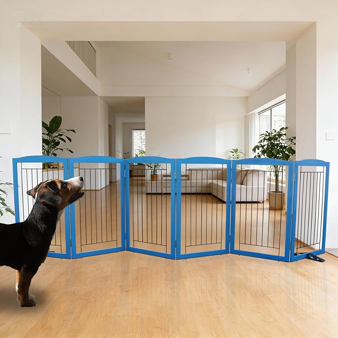 ZJSF Freestanding Dog Fence Indoor, Foldable Dog Gate for Doorways, Stairs or Hallways, Sturdy Wood Extra Wide Pet Gate with Support Feet for The House, Blue, 32 "Height-6 Panels