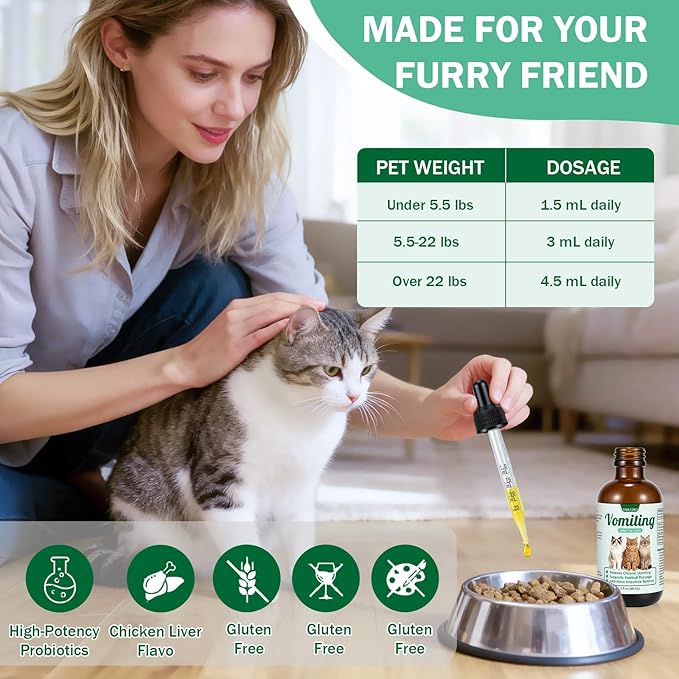 Vomiting Relief for Cats, Cat Vomit Remedy, Digestive Support Drops with Probiotics to Help Reduce Vomiting, Hairballs & Sensitive Stomach, Supports Gut Health, Easy to Mix with Food - 2 FL OZ