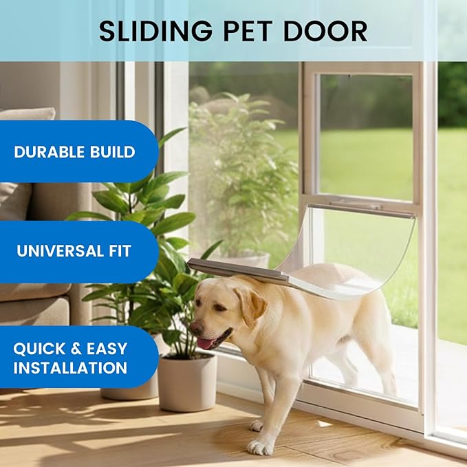 Anti-Shatter Dog Door for Sliding Glass Door,White Sliding Glass Dog Door Insert with Adjustable Height 76.8" to 82.7", No-Cut DIY Installation,Aluminum Frame & Secure Lock for Large Dogs