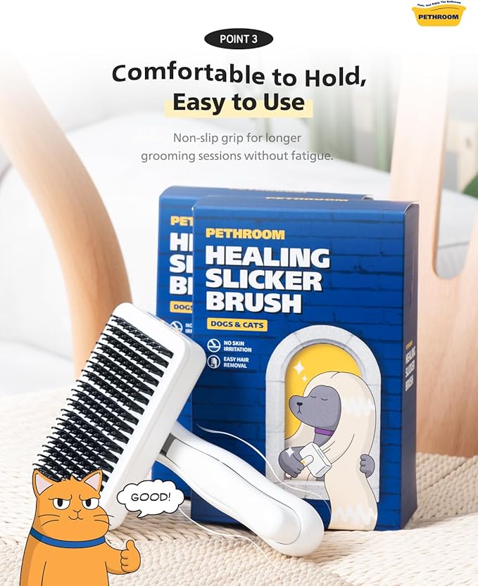 PETHROOM Pet Healing Slicker Brush with One-Touch Clean Button | Gentle Grooming Brush for Dogs & Cats | Removes Shedding, Mats & Tangles with Coated Tips, White & Yellow
