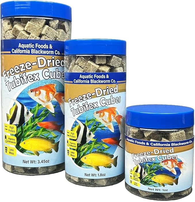 Aquatic Foods Inc. Tubifex Worms, Freeze Dried Tubifex Worm Cubes for Cichlids, Discus, Goldfish, Bettas, Marine Fish, All Tropical Fish, 12-Type Pellet Mix, 4-Type Wafer Mix Included..3.45oz Canister