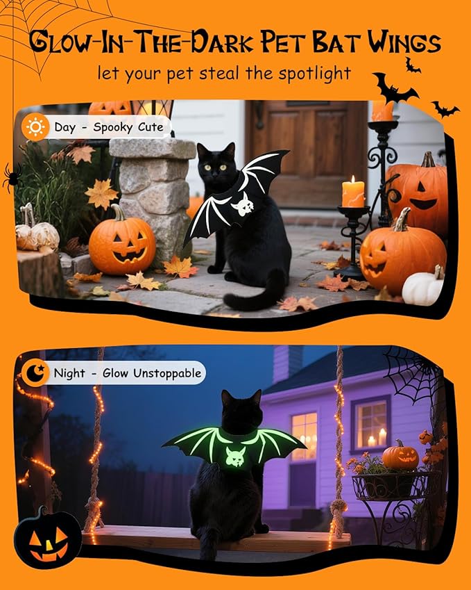 Cat Halloween Costume Bat Wings - Glow in The Dark Pet Halloween Party Cosplay Dress Up Accessories for Cats Small Puppy Dog