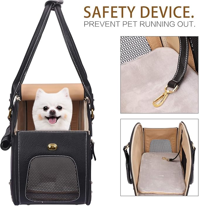 PetsHome Dog Carrier Purse, Pet Carrier, Foldable Waterproof Premium PU Leather Pet Travel Portable Bag Carrier for Cat and Small Dog Home & Outdoor Small Black