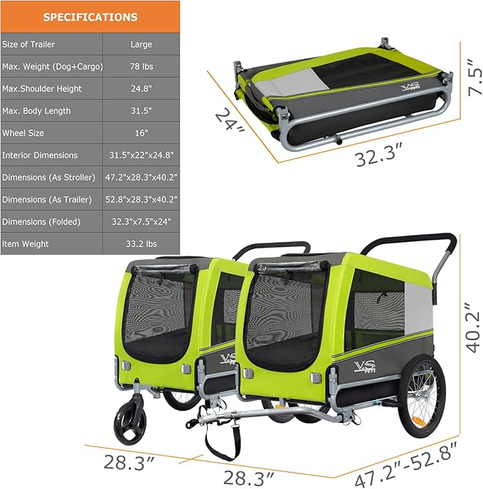 Tiggo Veelar Sports Pets Large Dog Bike Trailer & Stroller for Medium,Large Dog or Multiple Small Dogs, Pet Stroller for Dogs Up to 78 lbs, Parking Brakes, Low Center of Gravity