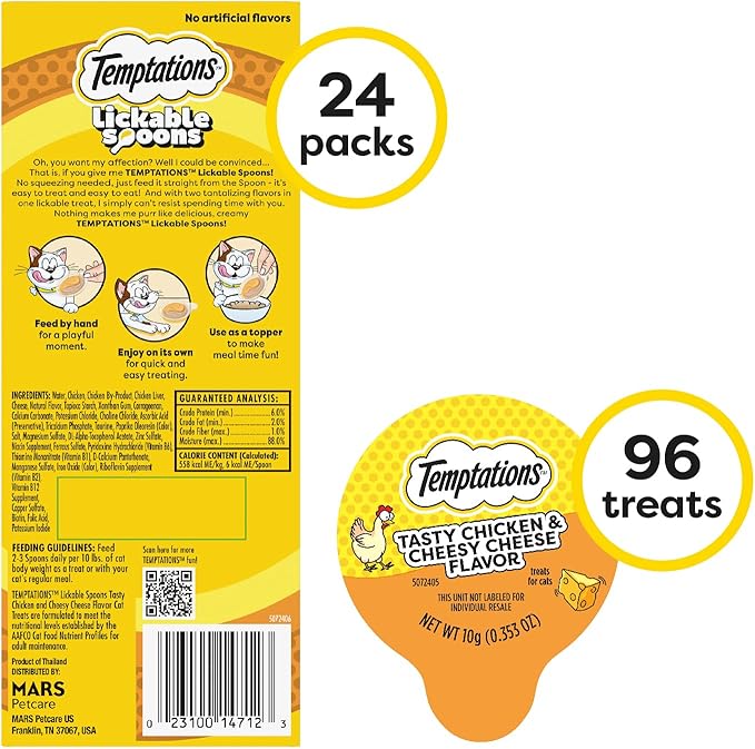 Temptations Lickable Spoons, Soft Lickable Cat Treats, Adult Wet Cat Treats, Tasty Chicken and Cheesy Cheese Flavor, 4 Spoons, Pack of 24 (96 Total)