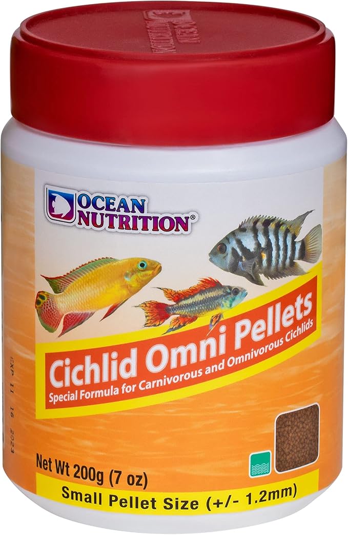 Ocean Nutrition Fish Food Cichlid Pellets, High Protein (41%) Soft Moist Sinking Pellets for Omnivorous Predatory Cichlids - Enhances Color & Growth, 7 oz (200 g), Small Pellet