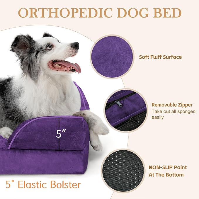 Comfort Expression Orthopedic Dog Bed for Large Dogs 36x27 Inch, Waterproof Egg Crate Foam Large Pet Bed with Removable Bolsters, Dog Couch with Washable Cover & Non-Slip Bottom, Deep Purple