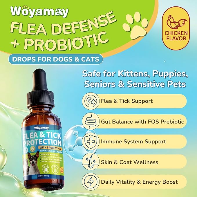 Flea Defense + Probiotic Support Drops, Natural Flea and Tick Prevention for Dogs and Cats, Cat & Dog Flea Treatment & Probiotics Drop, Dual-Function Flea Prevention Drops, Chicken Flavor