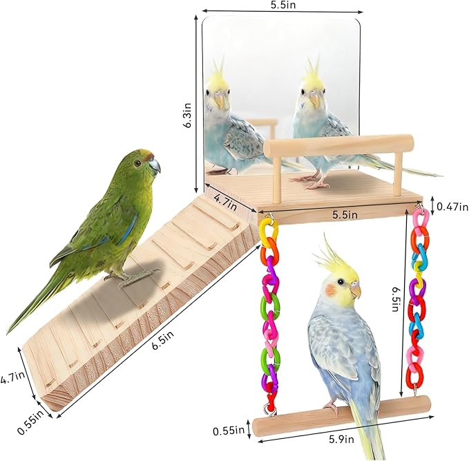 Perch Platform Bird Toys with Bird Mirror Climbing Ladder Swing,Tricolor Ring,Birds Perch Platform Bird Toys,Wooden Bird Cage Accessories,Suitable for Various Parrots and Birds