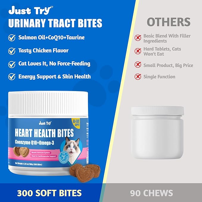 Just Try Coenzyme Q10 coq10 Bites for Cats - Advanced q10 & Taurine Cat Treats for Feline Heart Health - Chicken Flavored Soft Chews - Supports Heart Function - 300 Count