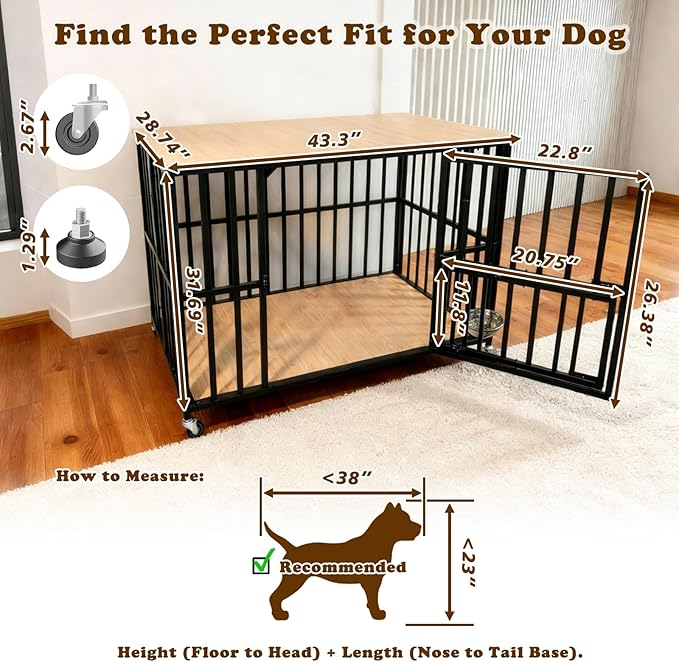 43" Dog Crate Furniture Foldable, Large Dog Kennel Furniture with Swing-Out Bowl & Dual Base Sets (Feet+Wheel), No Assembly Foldable Dog Crate Furniture, End Table for Large Dogs, Warm Gray