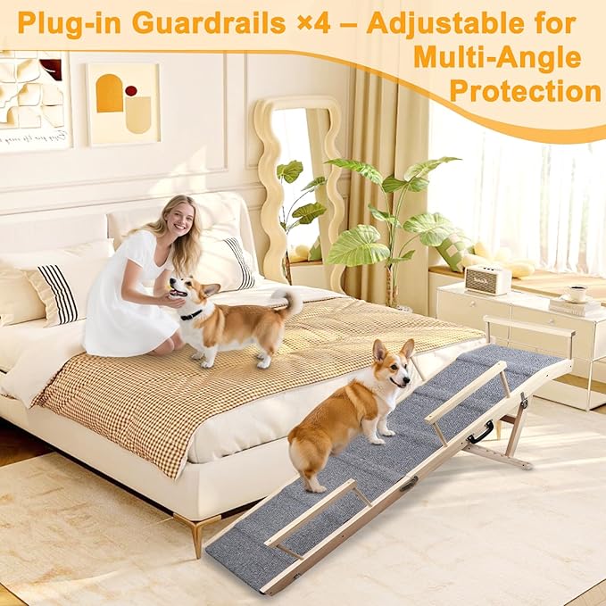 Dog Ramp for Bed, Couch & Car – Adjustable Foldable Pet Ramp, 64.17" Long, 17.72" Wide, Non-Slip Surface with Safety Rails, 8 Heights 20.08"-28.35", Supports 220 lbs, Solid Wood (Gray, 17.72)