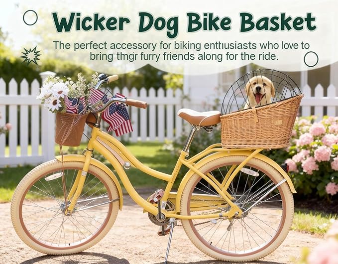 Dog Bike Basket Pet Bicycle Carrier| Natural Wicker Attachment with Protective Grille,Easy to Install Comfort Cotton Cushion,Mounting Bracket for Secure Bicycle Rear Luggage Rack for Daily Rides