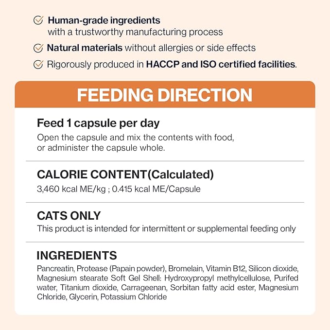 Doctor By Cat Enzyme Swift Cat Digestive Enzyme Supplement Vomiting Diarrhea, Loss of Appetite, Hairball with Pancreatine, Papain, Bromelain, Micro-Size for Easy Swallowing, 60 Sprinkle Capsules