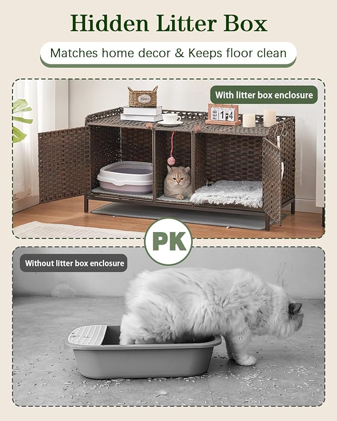 Cat Litter Box Enclosure for 2 Cats, Hidden Litter Box Furniture with Mat, Large Rattan Cat House with Double Room and Door, 47.3 L x 19.7 W x 24 H, 2 S-Shaped Hooks for Living Room Brown
