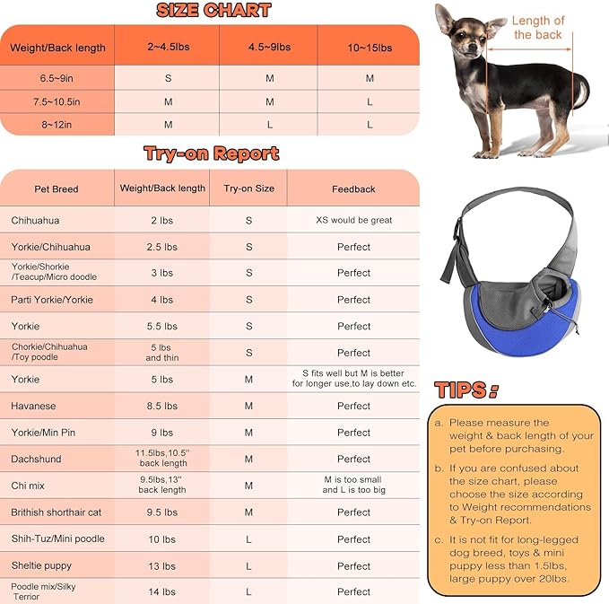 YUDODO Pet Sling Carrier for 10-15 lbs Small Dogs & Cats – Hands-Free Puppy Carrier with Safety Hook, Large Zipper Pocket, Soft Breathable Mesh, Adjustable Strap & Reflective Strip (Blue 1.0 L)