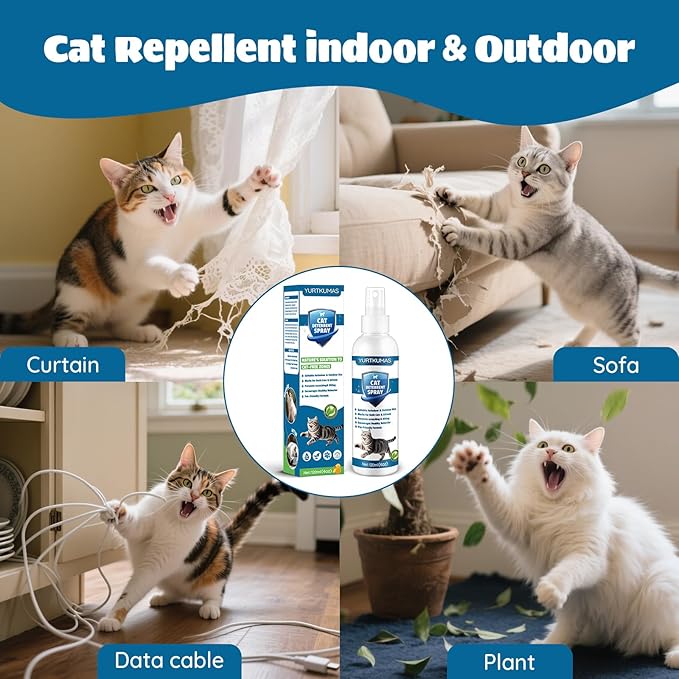 Cat Deterrent Spray - Indoor & Outdoor Cat Repellent, Stops Cats from Scratching Furniture, Carpets, Sofas, Curtains and Urine Marking - Effective Anti-Scratch Training Aid (Blue)