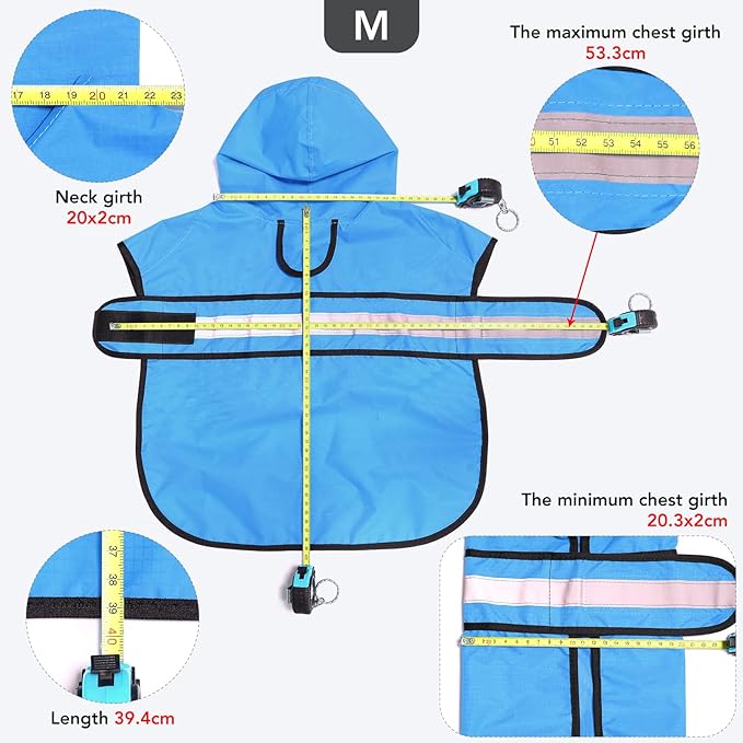 Waterproof Reflective Dog Rain Coat - Adjustable Puppy Rain Jacket Poncho, Lightweight Dog Hooded Pet Raincoat for Small to X- Large Dogs and Puppies (Blue, Medium)