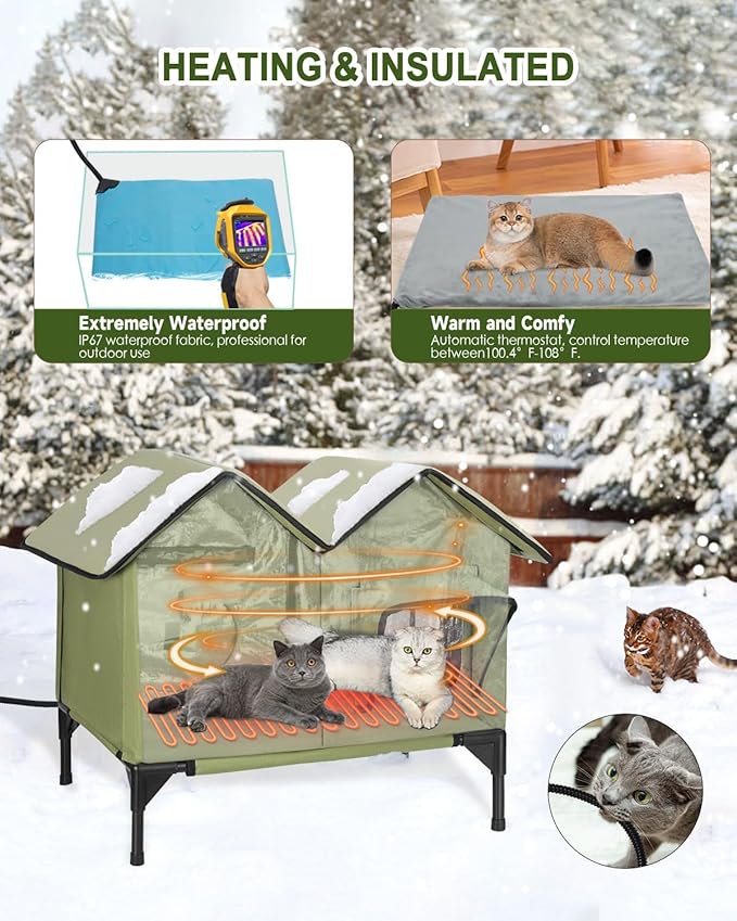 Heated Cat House for Outside Cats in Winter, Large Insulated Heated Outdoor Cat House Weatherproof with Elevated Base & Escape Door, Waterproof Cat Shelter for Multiple Cats Feral Stray Barn Kitty