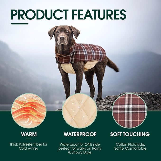 Kuoser Waterproof Dog Coat, Reversible Dog Jacket for Medium Dogs, Adjustable Durable Doggie Winter Coat Warm Puppy Cold Weather Apparel from Small to Large Breed, Brown M