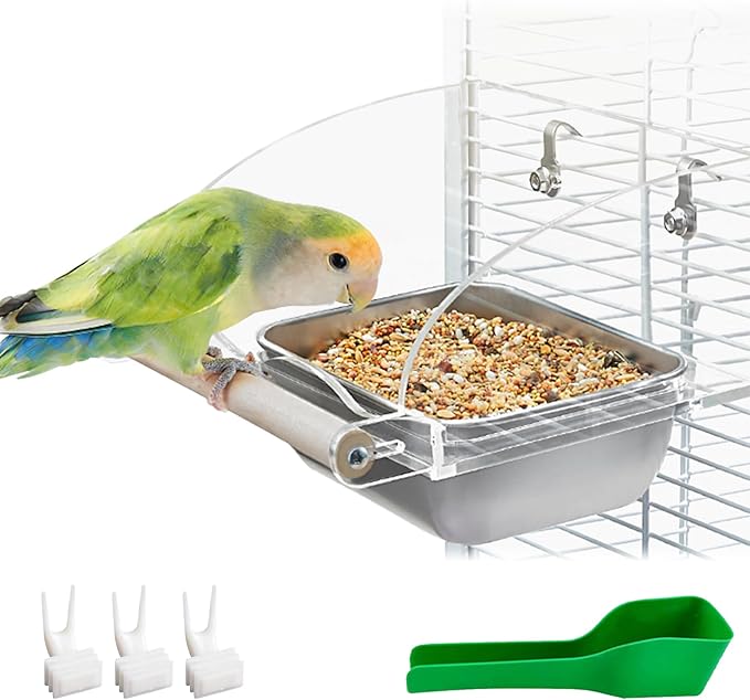 BNOSDM No Mess Bird Feeder for Cage with Stainless Steel Food & Water Bowl Wood Anti-Slip Perch Stand with Acrylic Parakeet Seed Dishes for Cockatiel, Lovebird, Canary, Finch, Conure (Hook)