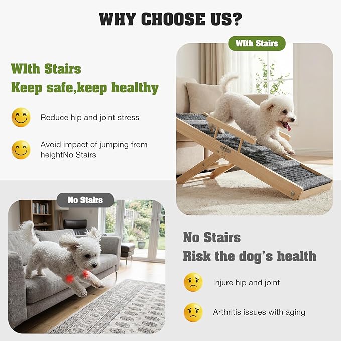 Upgraded Dog Ramp for Couch, Foldable Wooden Pet Ramp with 4 Adjustable Heights from 14'' to 22", Portable Pet Steps with Detachable Guardrails for Small Dogs, Puppies, Injured and Old Dogs