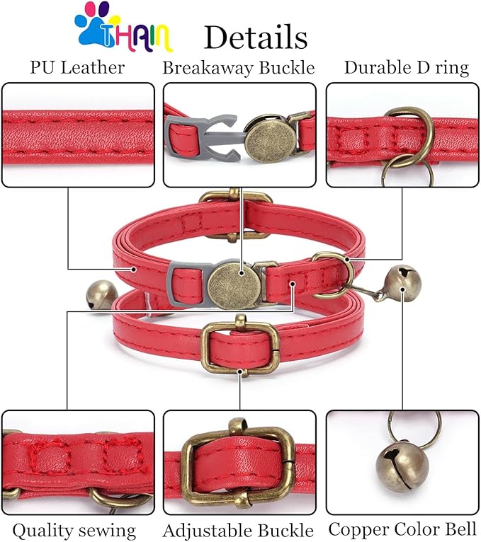 THAIN Leather Cat Collar with Bell Breakaway- Adjustable, Durable, Retro Bell fit Most Cats and Kittens (Red)