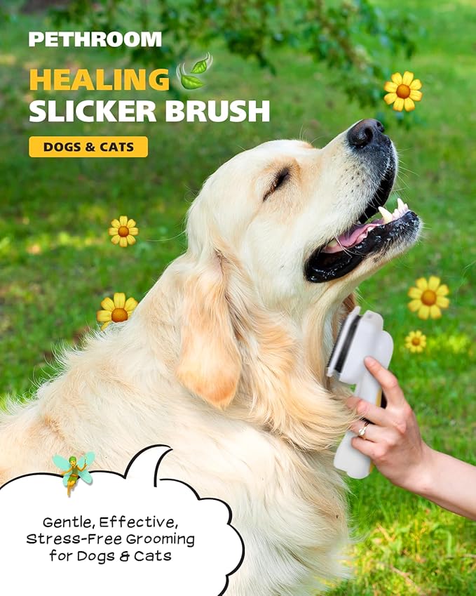 PETHROOM Pet Healing Slicker Brush with One-Touch Clean Button | Gentle Grooming Brush for Dogs & Cats | Removes Shedding, Mats & Tangles with Coated Tips, White & Yellow