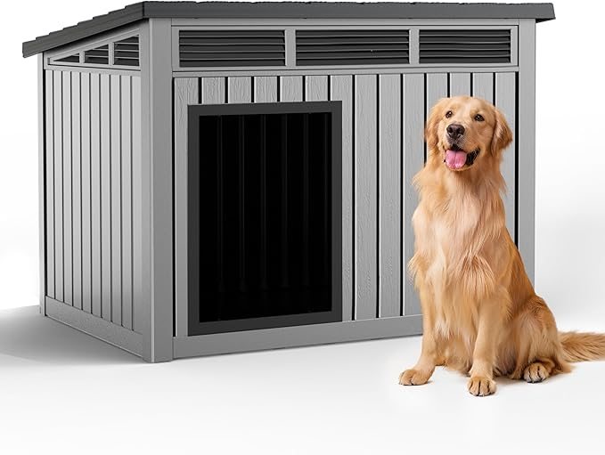 DRATO Insulated Dog House Outdoor, Resin Weatherproof Dog Houses for Large Dogs Outside Premium Material with All-Weather Protection for Pet Comfort