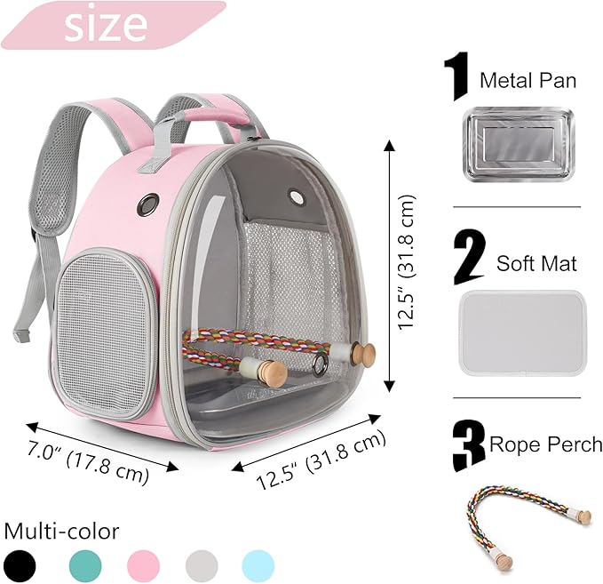Small Bird Travel Backpack Carrier Cage, Backpack to Transport Backpack Carrier with Metal Tray Stand Perch for Parakeet Cockatiel Budgies Vet Carry Book Bag Green