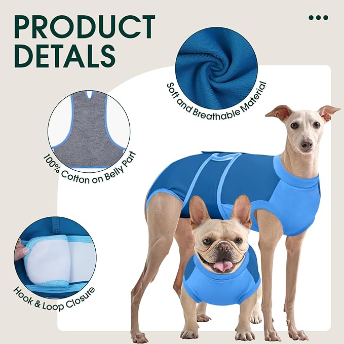 Kuoser Dog Recovery Suit, Female/Male Post-Surgery Anti-Licking Pet Surgical Suit, Blue, Medium, Cotton and Spandex Blend, All Breed Sizes, Adult, All Seasons