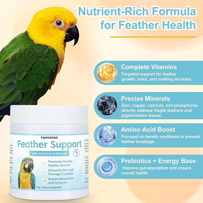 Feather Growth Supplement for Birds, Bird Molting Support for Plucking Regrowth, Multivitamin Minerals & Amino Acids for All Birds, Support Healthy Feather Regeneration & Plumage Shine