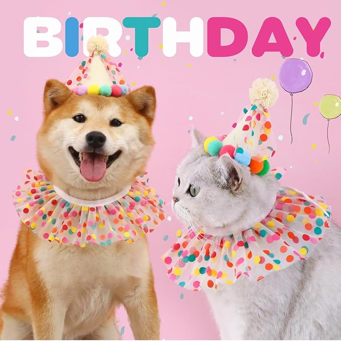 Cat Holiday Costume Hat with Bandana, Cat Hat with Polka Dot Tutu Collar, Pet Outfits for Small Dogs Bunny Birthday Party Decoration, Hat and Bandana Set