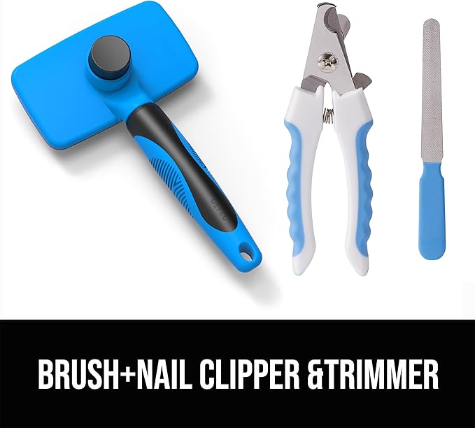 3 PCS Grooming Kit for Dogs & Cats,Self-Cleaning Slicker Brush with Nail Clipper and Trimmer (Blue)