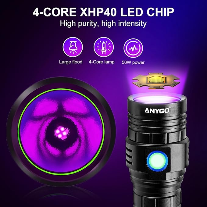 365nm Black Light Flashlight with Black Filter, High Power Rechargeable UV Flashlight, Ultraviolet Bright UV Led Torch for Pet Urine & Bed Bug Detector, Scorpions, Dry Stains, Rock Hunting