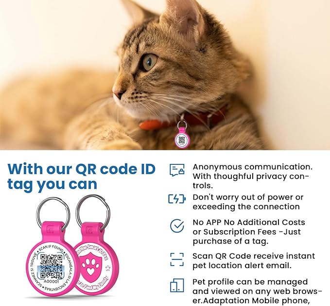 Silicone Cat Tags Personalized Small for Pet Collars, QR Code Cat Name Tags, Scan Location Alerts, Rose Red S