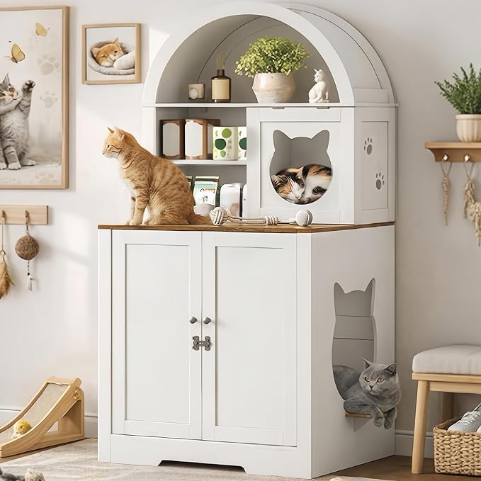 63" Large Cat Litter Box Enclosure Furniture, Arched Hidden Litter Box Cabinet with 3 Storage Shelves and Ventilation Holes, Wooden Cat House with Flip-Up Door, White and Natural