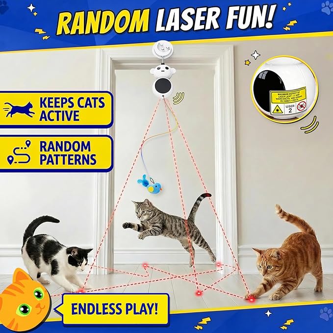 Interactive Cat Toys for Indoor Cats - 2 in 1 Automatic Laser Pointer Cat Toy with Feather Flying Bird，Smart Moving Mouse Wand Toy, Auto On/Off Hanging Toys for Bored Kitten & Adult Cats(Grey)