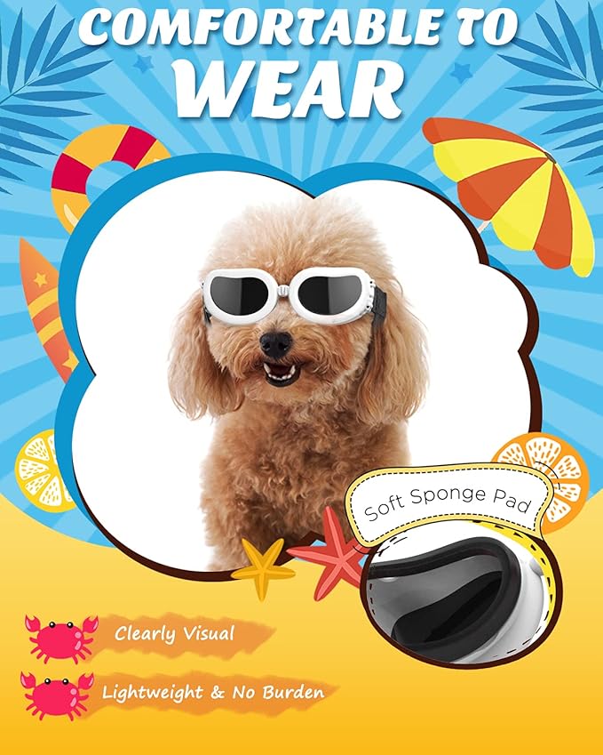 Lewondr Small Breed Dog Goggles - UV Protection Sunglasses with Adjustable Strap, Windproof, Anti-Fog for Small Dogs, White
