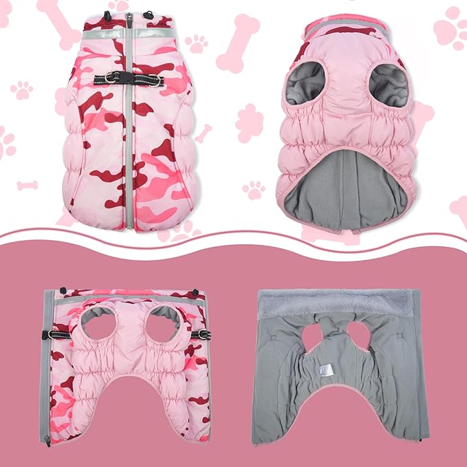 Lelepet Warm Dog Winter Coat Dog Coats for Large Dogs Waterproof Dogs Jacket with Harness Built in Reflective Cold Weather Coats Windproof Zip-Up Winter Fleece Vest Snowsuit Boxer Pink Camo XL