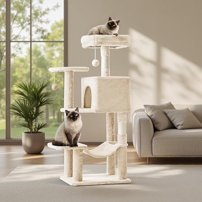 Sweetcrispy 44 Inch Cat Tree Tower, Cat Climbing Tower with Natural Sisal Scratching Posts, Hammock, Pet Condo for Indoor Cats and Kittens Play, Beige