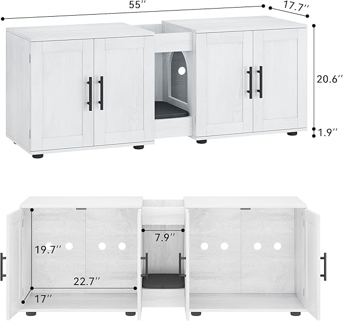 Garvee Cat Litter Box Enclosure for 2 Cats, 55" Hiddden Litter Box Enclosure Furniture 3-in-1 Wooden Litter Cabinet with Barn Door & Double Rooms for Bedroom Living Room,White