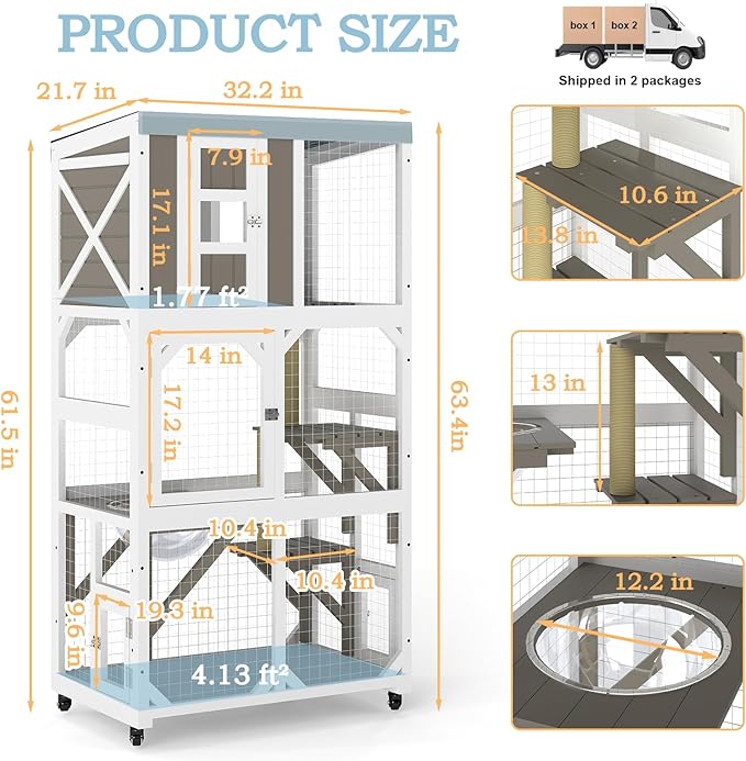 Large Wooden Catio Outdoor Cat Enclosure, Window Cat House with Wheels & 3 Platforms, Kitty Cage with Weatherproof Roof for Multiple Cats