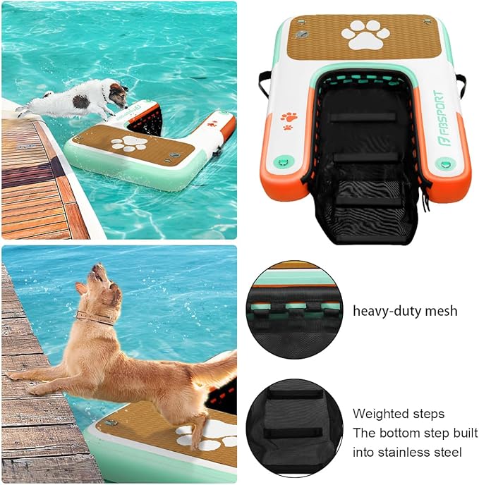 FBSPORT Inflatable Dog Boat Ramp Floating Dock Water Ladder for Pool, Boat, Non-Slip EVA Floating Ladder Pool Ramp for Dog Up to 220 LBs, Safe & Easy Access