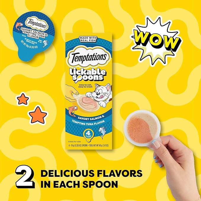 Temptations Lickable Spoons, Soft Lickable Cat Treats, Adult Wet Cat Treats, Savory Salmon and Tempting Tuna Flavor, 4 Spoons, Pack of 12 (48 Total)