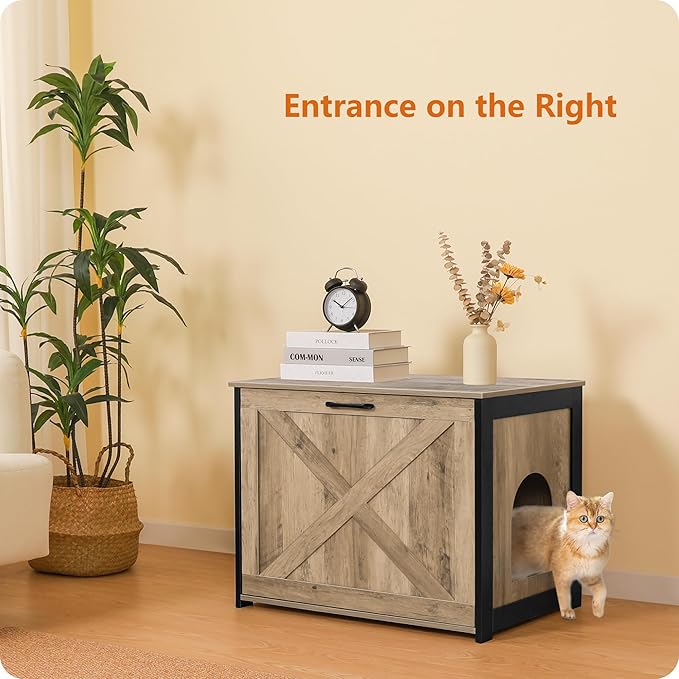 Dwanton Cat Litter Box Furniture Hidden, Cat Litter Box Enclosure, Reversible Entrance Can Be on Left or Right Side, Indoor Cabinet, Wooden Washroom, End Table, Nightstand, Greige, 27.6" L