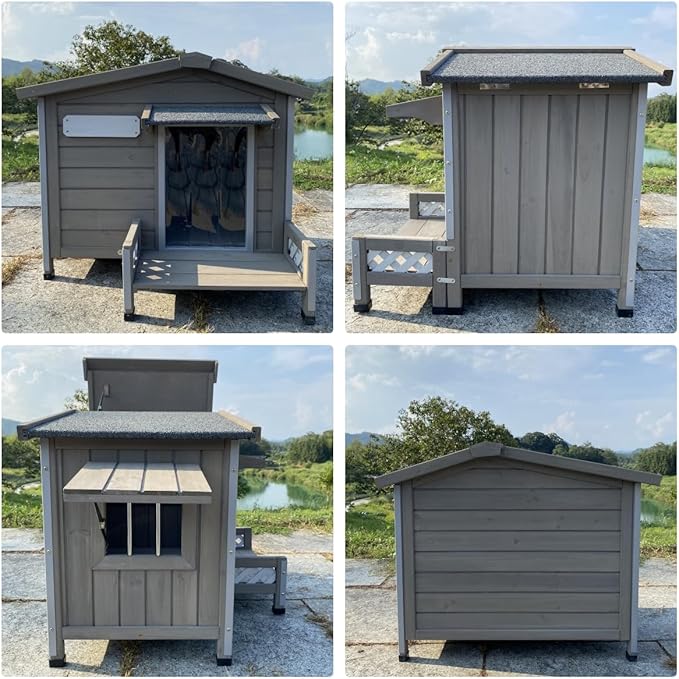 Wooden Dog House Outdoor Weatherproof Chew-Proof Iron Frame, Removable Floor, and Adjustable Window for Small Medium Dogs(Gray, 28.2" L x 18.1" W x 22.4" H)