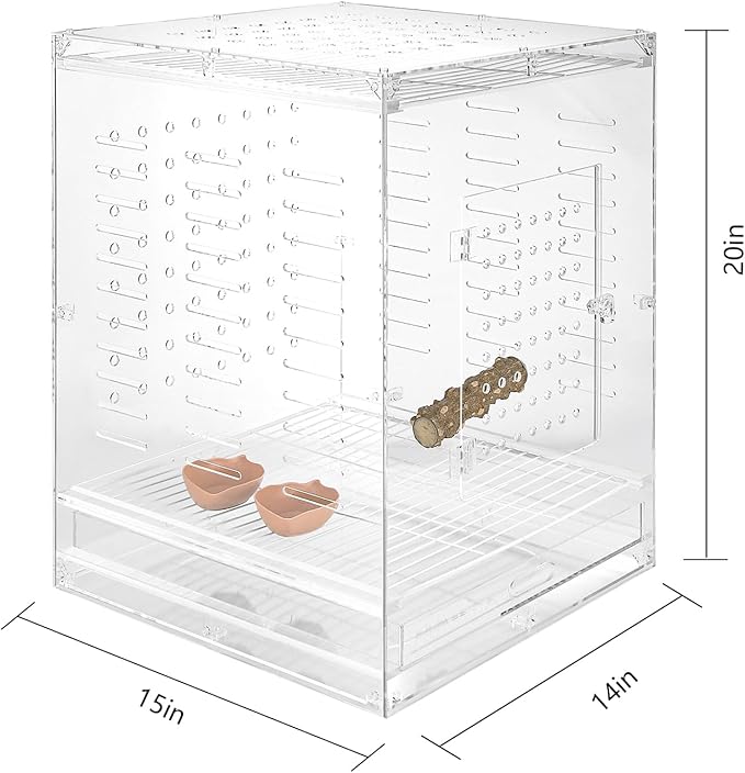 Clear Acrylic Bird Cage for Small Birds, Transparent Display Habitat for Canary, Parakeet - Easy to Clean & Assemble (14x15x20in)