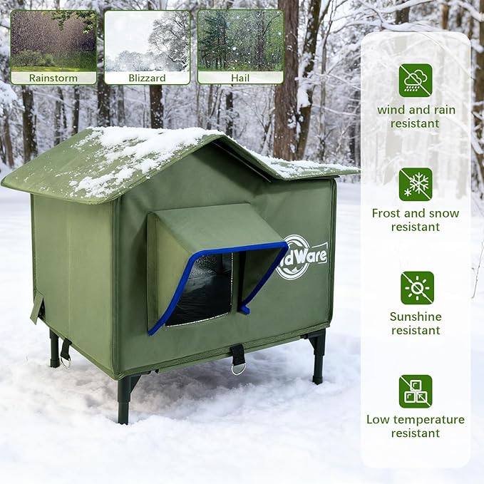 Outdoor Cat House Heated Cat House for Outside with Elevated Base Cat-Attracting Eave Design Feral Stray Shelter Weatherproof in Winter Garage Yard Porch
