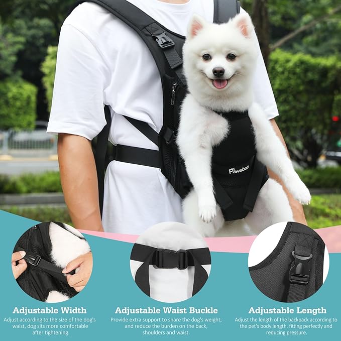 Pawaboo Pet Dog Front Carrier Backpacks, Legs Out Pet Carrier Backpack for Dogs, Adjustable Dog Chest Carriers Purse for Small Medium Dogs Hands Free for Travel Hiking Cycling Camping, L, Black